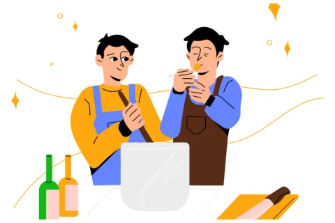 Two people cooking together