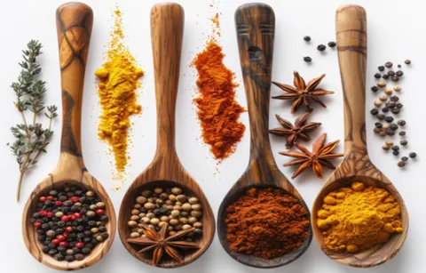 This photograph is wooden spoons with different spices.