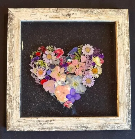 pressed flower heart in frame