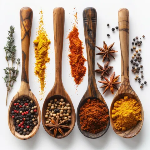 This photograph is wooden spoons with different spices.