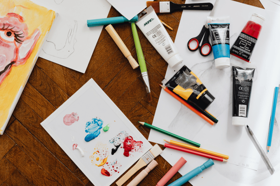 Art supplies on a desk