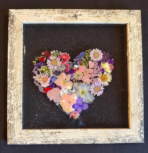 pressed flower heart in frame